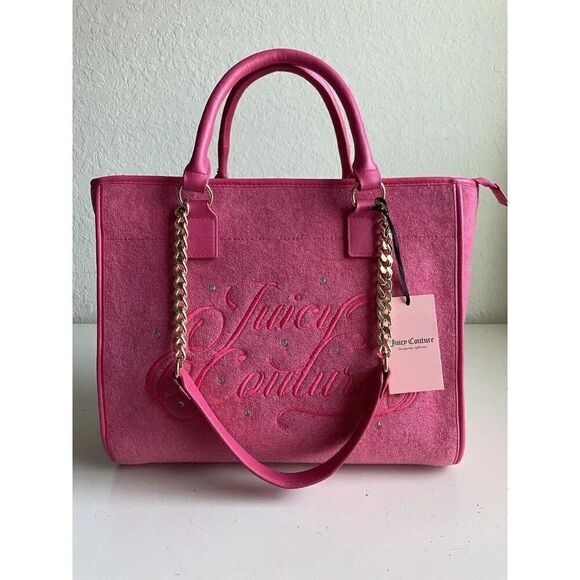Juicy Couture Beach Tote Pink Flash Terry Cloth Embroidered Logo Bag Purse NEW - Picture 1 of 13